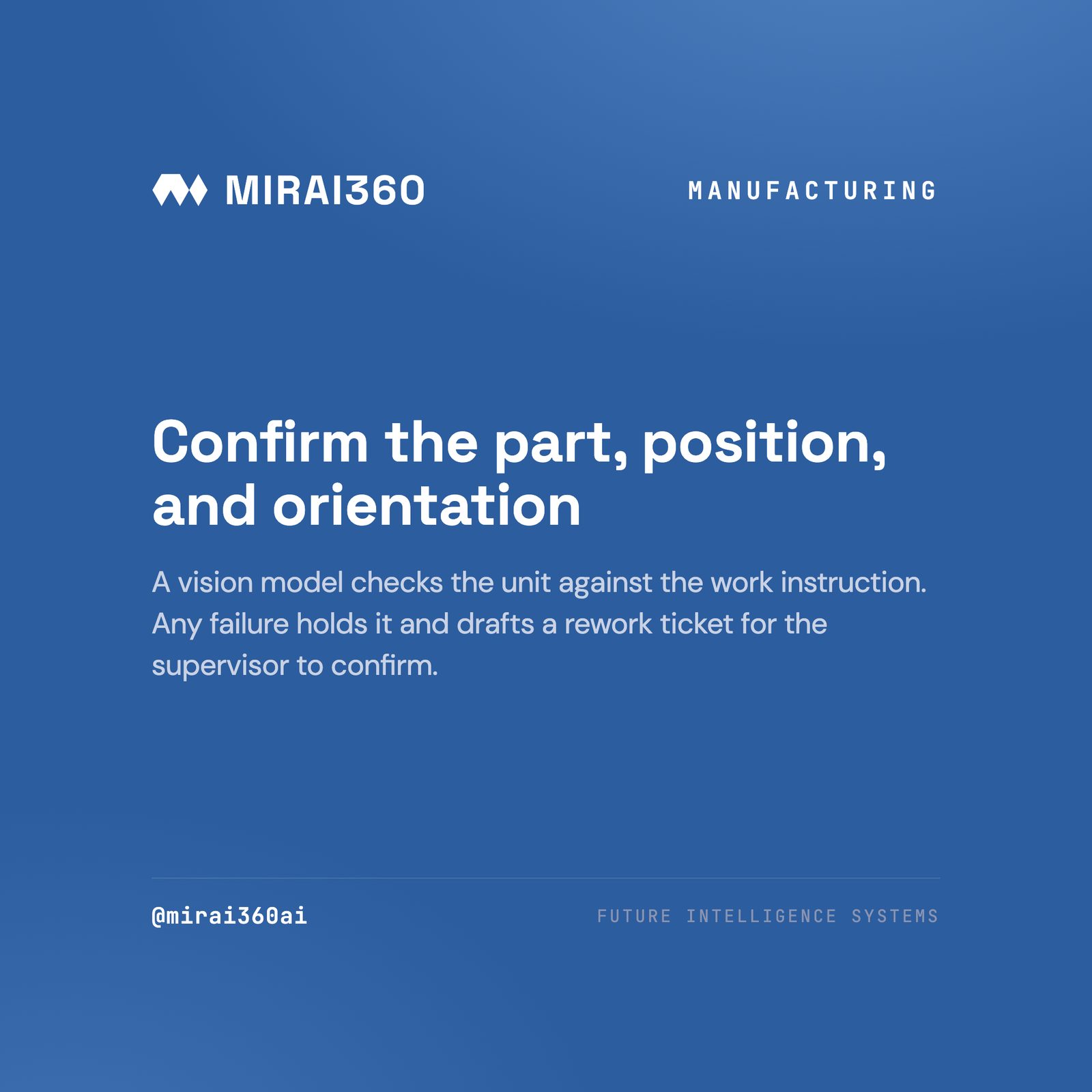 Mirai360 illustration: a computer vision agent checking a factory assembly line, with a supervisor approving the flagged action.