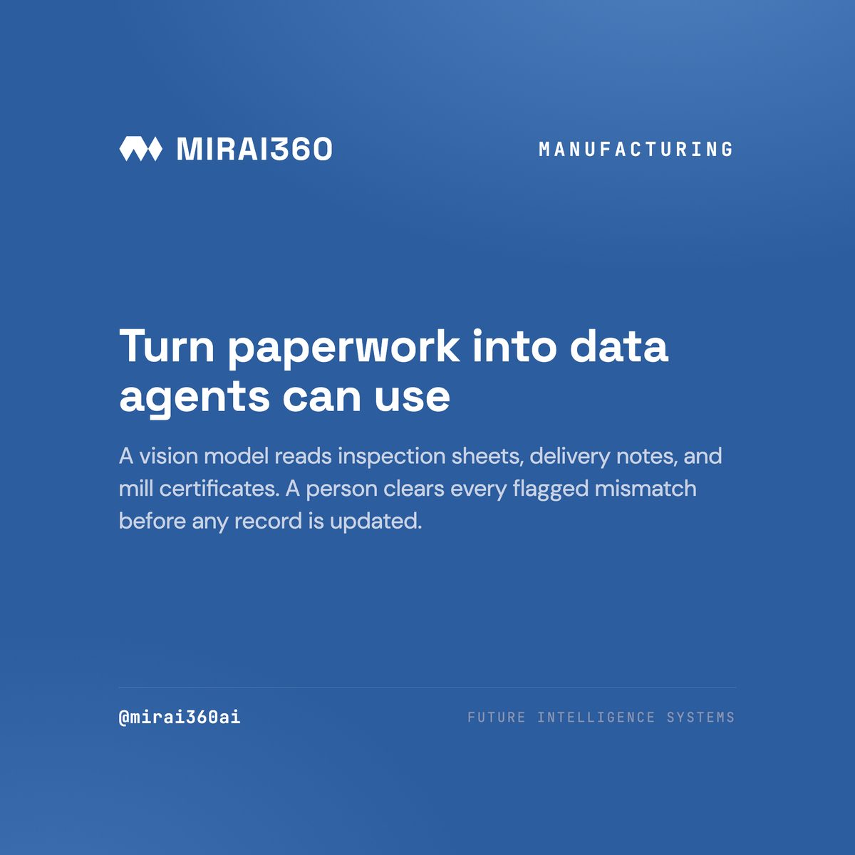 Mirai360 illustration: a vision model reading an inspection sheet and extracting fields for a person to clear against the ERP record.